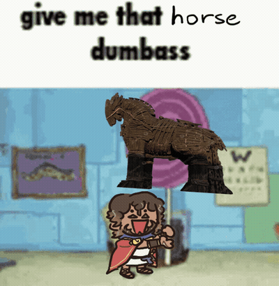 A Cartoon Drawing Of A Man Holding A Lollipop With The Words " Give Me That Horse Dumbass " GIF