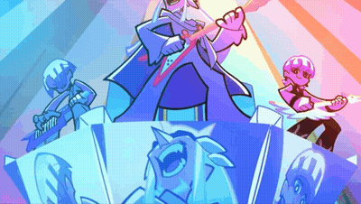 A Cartoon Drawing Of A Man Holding A Sword And A Woman Holding A Guitar GIF