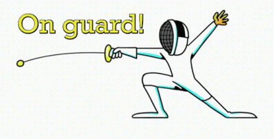 A Cartoon Drawing Of A Man Holding A Sword With The Words On Guard Below Him GIF