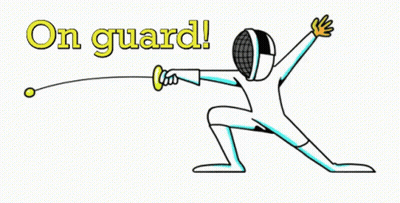 A Cartoon Drawing Of A Man Holding A Sword With The Words On Guard Below Him GIF