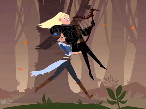 A Cartoon Drawing Of A Man Holding A Woman And A Harp GIF