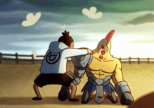 A Cartoon Drawing Of A Man Hugging A Chicken With The Letter G On His Shirt GIF
