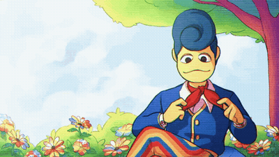 A Cartoon Drawing Of A Man In A Blue Suit Tying A Red Bow Tie GIF