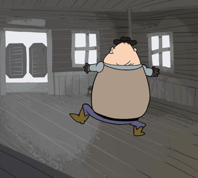 A Cartoon Drawing Of A Man In A Cowboy Hat Standing In A Room GIF
