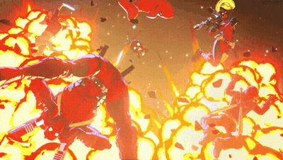 A Cartoon Drawing Of A Man In A Red Suit Surrounded By Fire And Explosions GIF