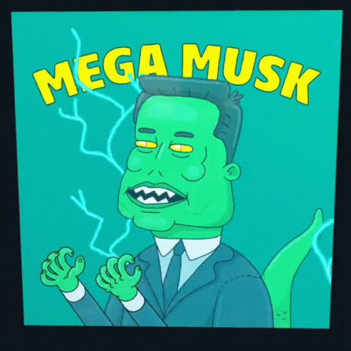 A Cartoon Drawing Of A Man In A Suit And Tie With The Words Mega Musk Written Above Him GIF
