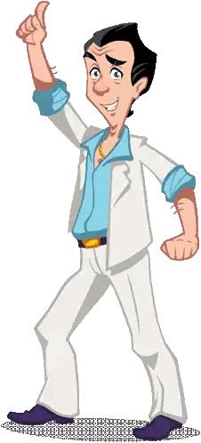 a cartoon drawing of a man in a white jacket and blue shirt