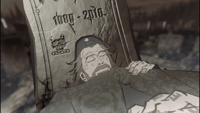 A Cartoon Drawing Of A Man Laying In A Grave With The Year 1989-2010 On It GIF