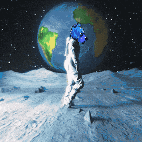 A Cartoon Drawing Of A Man On The Moon With A Dog On His Head GIF