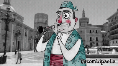 A Cartoon Drawing Of A Man Playing A Trumpet With The Hashtag @Zombiepaella On The Bottom GIF