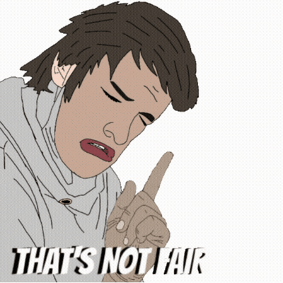 A Cartoon Drawing Of A Man Pointing With The Words That 'S Not Fair Below Him GIF