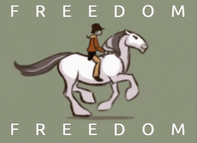 A Cartoon Drawing Of A Man Riding A Horse With The Words Freedom Above Him GIF