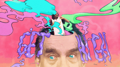 A Cartoon Drawing Of A Man 'S Head With The Words Get High Coming Out Of His Head GIF