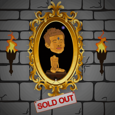 A Cartoon Drawing Of A Man Sitting In Front Of A Mirror With A Sold Out Sign Attached To It GIF