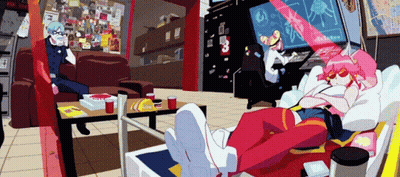 A Cartoon Drawing Of A Man Sitting On A Couch And A Woman Laying On The Floor GIF
