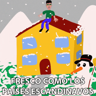 A Cartoon Drawing Of A Man Sitting On The Roof Of A House With The Words Fresco Como Los Paises Escandalavos Below Him GIF