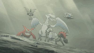 A Cartoon Drawing Of A Man Standing Next To A White Dragon GIF