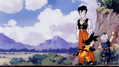A Cartoon Drawing Of A Man Standing Next To Two Children With Mountains In The Background GIF