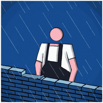 A Cartoon Drawing Of A Man Standing On A Brick Wall In The Rain GIF