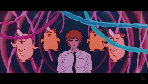 A Cartoon Drawing Of A Man Surrounded By Hamsters And A String GIF