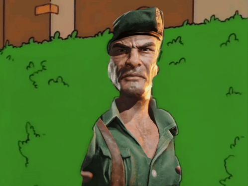 A Cartoon Drawing Of A Man Wearing A Green Beret With The Letter E On It GIF
