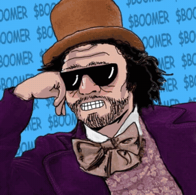 A Cartoon Drawing Of A Man Wearing A Top Hat And Sunglasses With The Word Boomer Behind Him GIF