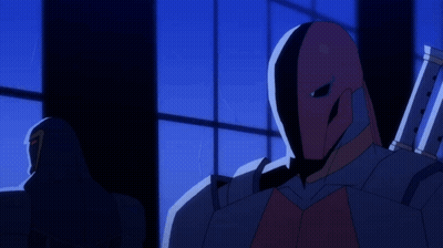 A Cartoon Drawing Of A Man With A Red Mask And A Sword GIF