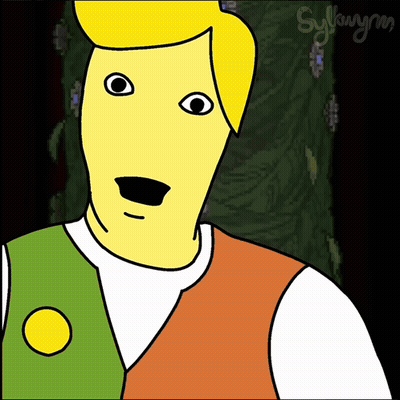 A Cartoon Drawing Of A Man With A Yellow Face And A Green And Orange Vest By Sylvanymm GIF