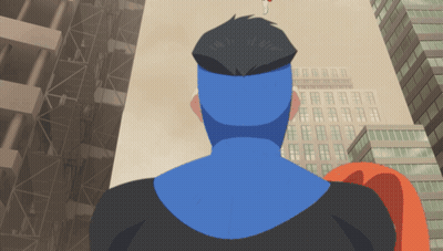 A Cartoon Drawing Of A Man With Blue Hair Standing In Front Of A Building GIF