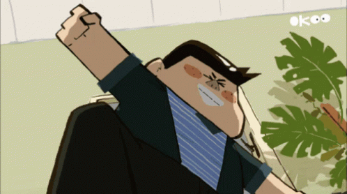 A Cartoon Drawing Of A Man With His Fist In The Air And The Word Okoo On The Bottom GIF