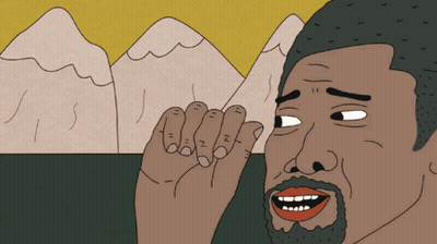 A Cartoon Drawing Of A Man With Mountains In The Background Making A Funny Face GIF