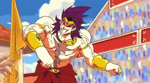 A Cartoon Drawing Of A Man With Purple Hair And Gold Armor GIF