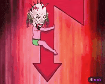 A Cartoon Drawing Of A Man With Spikes On His Head Holding An Arrow Pointing Down GIF