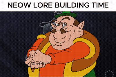 A Cartoon Drawing Of A Man With The Words Neow Lore Building Time Above Him GIF