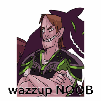 A Cartoon Drawing Of A Man With The Words Wazzup Noob Underneath Him GIF