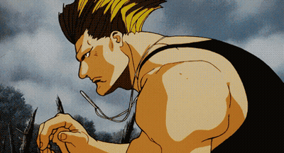 A Cartoon Drawing Of A Man With Yellow Hair And A Black Tank Top GIF