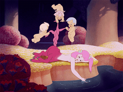 A Cartoon Drawing Of A Mermaid Laying On A Rock Near A Body Of Water GIF