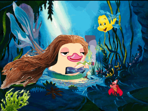 A Cartoon Drawing Of A Mermaid With A Duck Head GIF