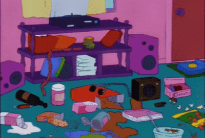 A Cartoon Drawing Of A Messy Room With A Box That Says Donut On It GIF