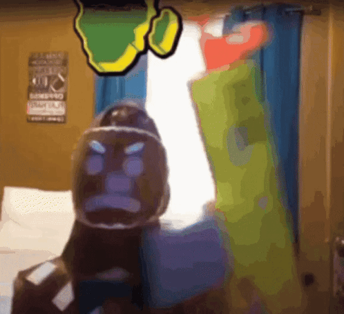 A Cartoon Drawing Of A Monkey Standing In A Bedroom GIF