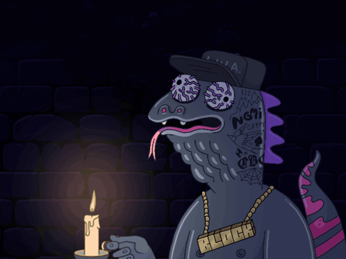 A Cartoon Drawing Of A Monster Holding A Candle And Wearing A Necklace That Says Block GIF