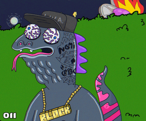 A Cartoon Drawing Of A Monster With A Block Necklace GIF