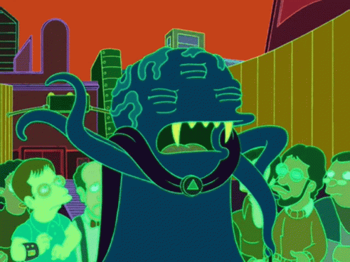 A Cartoon Drawing Of A Monster With A Triangle On His Neck GIF