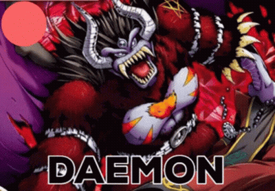 A Cartoon Drawing Of A Monster With Horns And The Word Daemon Below It GIF