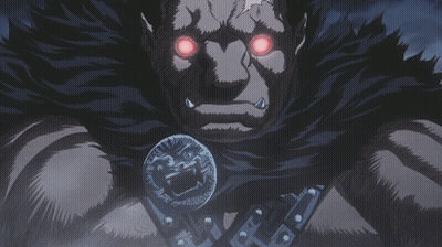 A Cartoon Drawing Of A Monster With Red Eyes And A Coin Around His Neck GIF