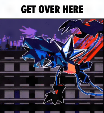 A Cartoon Drawing Of A Monster With The Words Get Over Here On The Bottom GIF