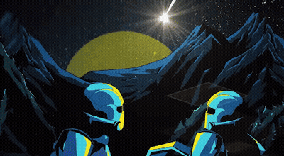 A Cartoon Drawing Of A Mountain With A Comet In The Background GIF