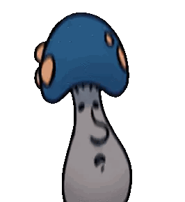A Cartoon Drawing Of A Mushroom With A Blue Cap And Orange Spots Sticker