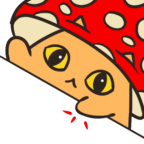 A Cartoon Drawing Of A Mushroom With Yellow Eyes And A Red Hat Sticker