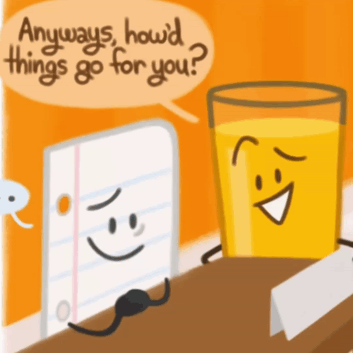 A Cartoon Drawing Of A Notepad And A Glass Of Orange Juice Talking To Each Other GIF